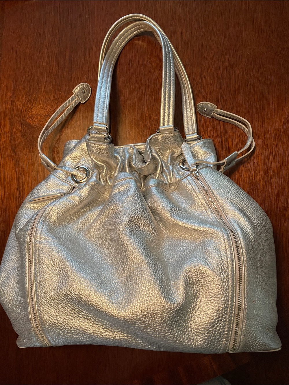 Cole Haan Silver Drawstring Leather Shoulder Tote